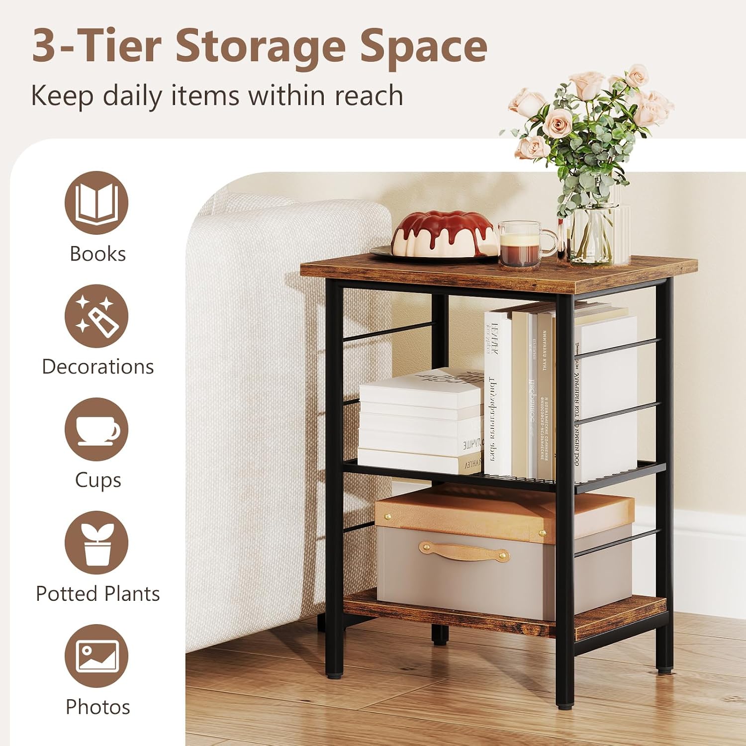 Giantex 3-Tier Side Table with Adjustable Mesh Shelf, Industrial Nightstand, Small End Table Stand for Living Room, Bedroom, Office, 12" D x 15" W x 20" H