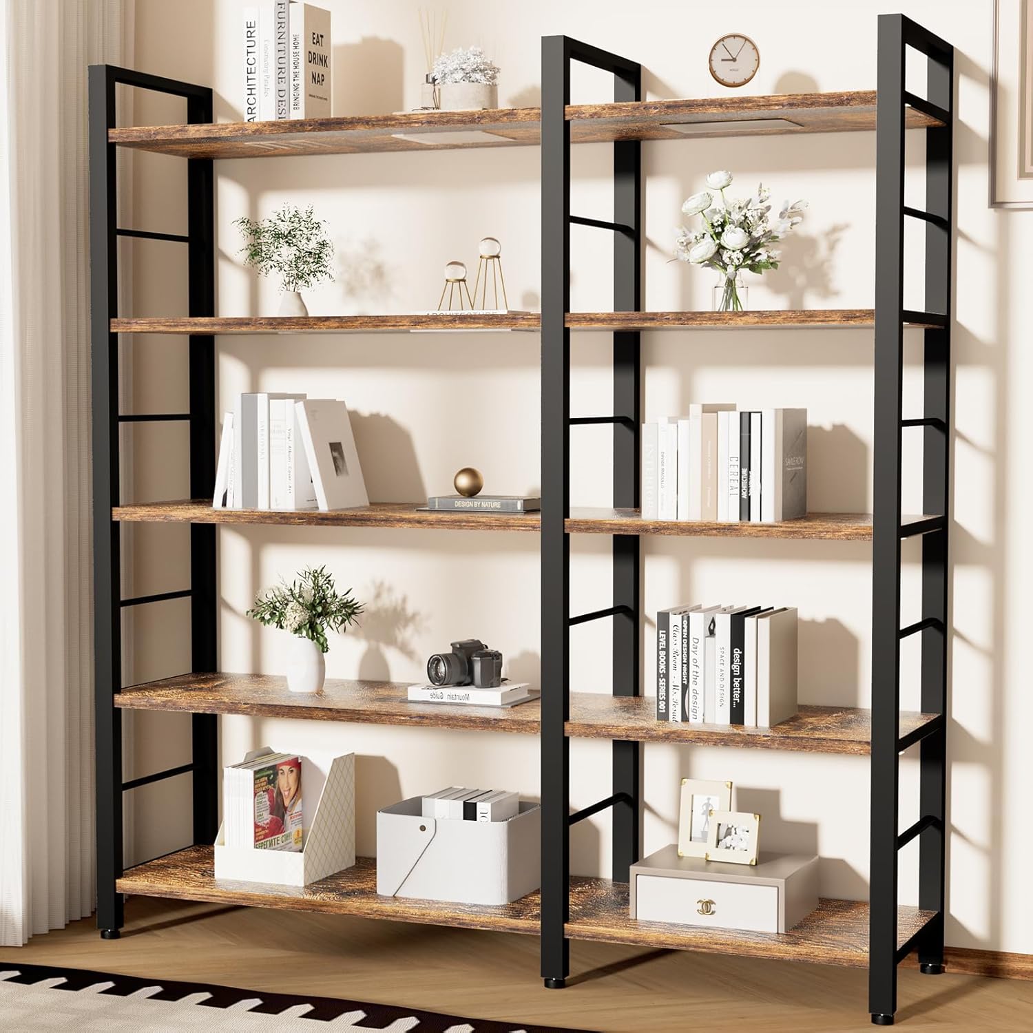 INNOD 65" X 50" Straight Wide 5 Tier Bookshelf with LED Light, L Shaped Bookcase with Adjustable Feet, Corner Book Case with 10 Open Shelves, Shelf Unit Display Shelf for Living Room, Home Office