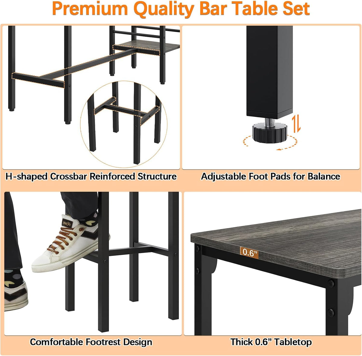 Weehom Bar Table and Chairs Set for Small Kitchens and Apartments - Space-Saving Dining Table Set for 2, 3 Storage Shelves with Bulit-in Wine Rack, Dining Room Breakfast Nook Table Set, Gray