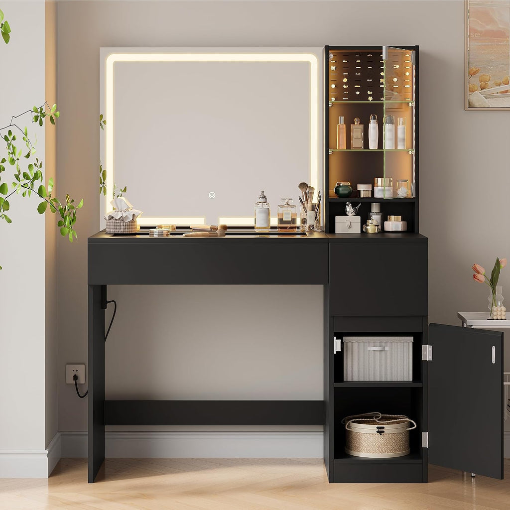 wanan Vanity with Glass Top, Black Vanity Desk with Mirror and Lights, Jewelry Storage, Power Outlet, 3 Adjustable Lighting Modes, Makeup Vanity with 2 Drawers for Bedroom