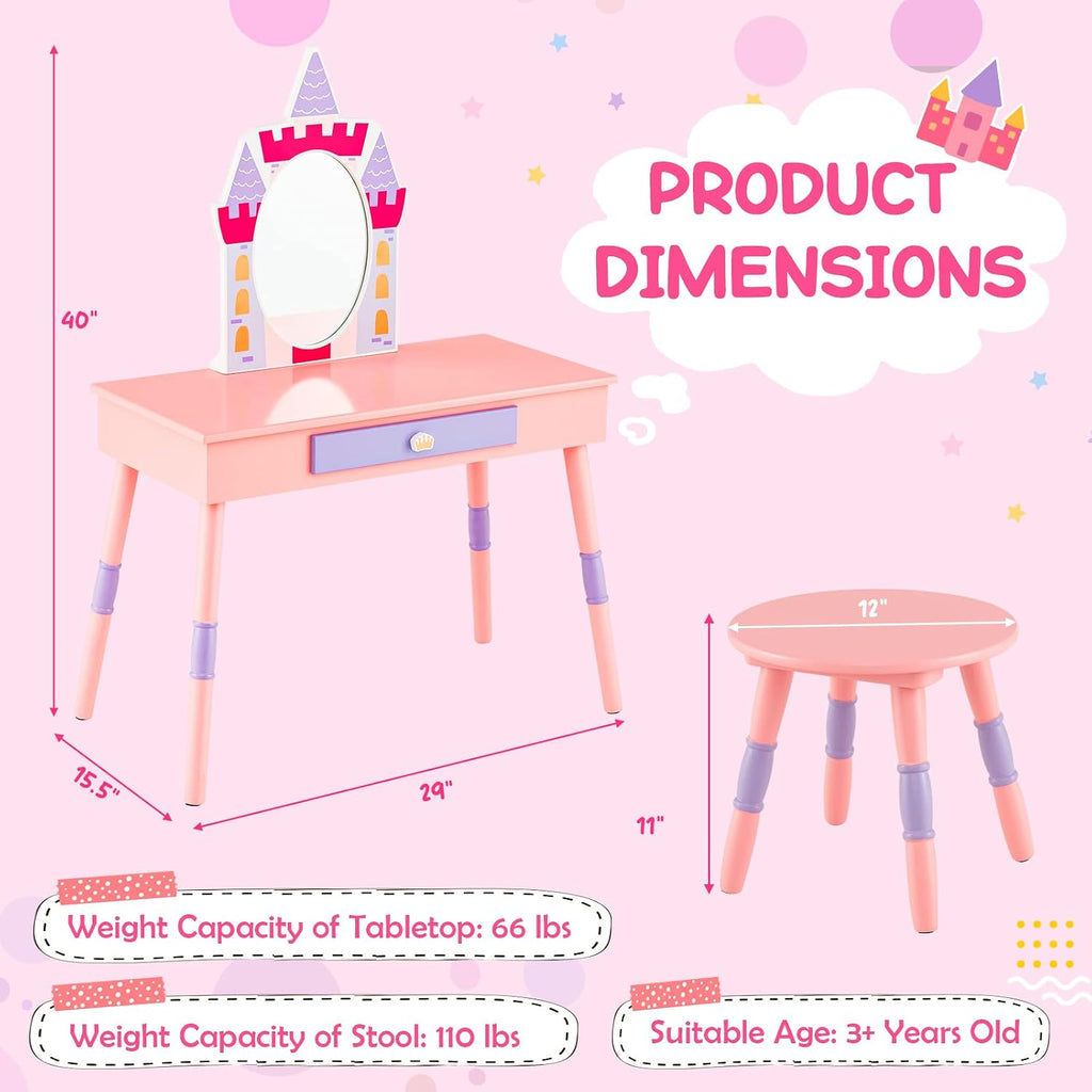 Costzon Kids Vanity Set, Girls Vanity Set with Mirror and Stool, Princess Makeup Dressing Table with Drawer, Growth Chart, Floating Shelves, Kids Vanity Table and Chair Set, Pink