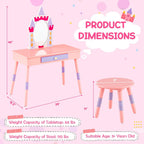 Costzon Kids Vanity Set, Girls Vanity Set with Mirror and Stool, Princess Makeup Dressing Table with Drawer, Growth Chart, Floating Shelves, Kids Vanity Table and Chair Set, Pink