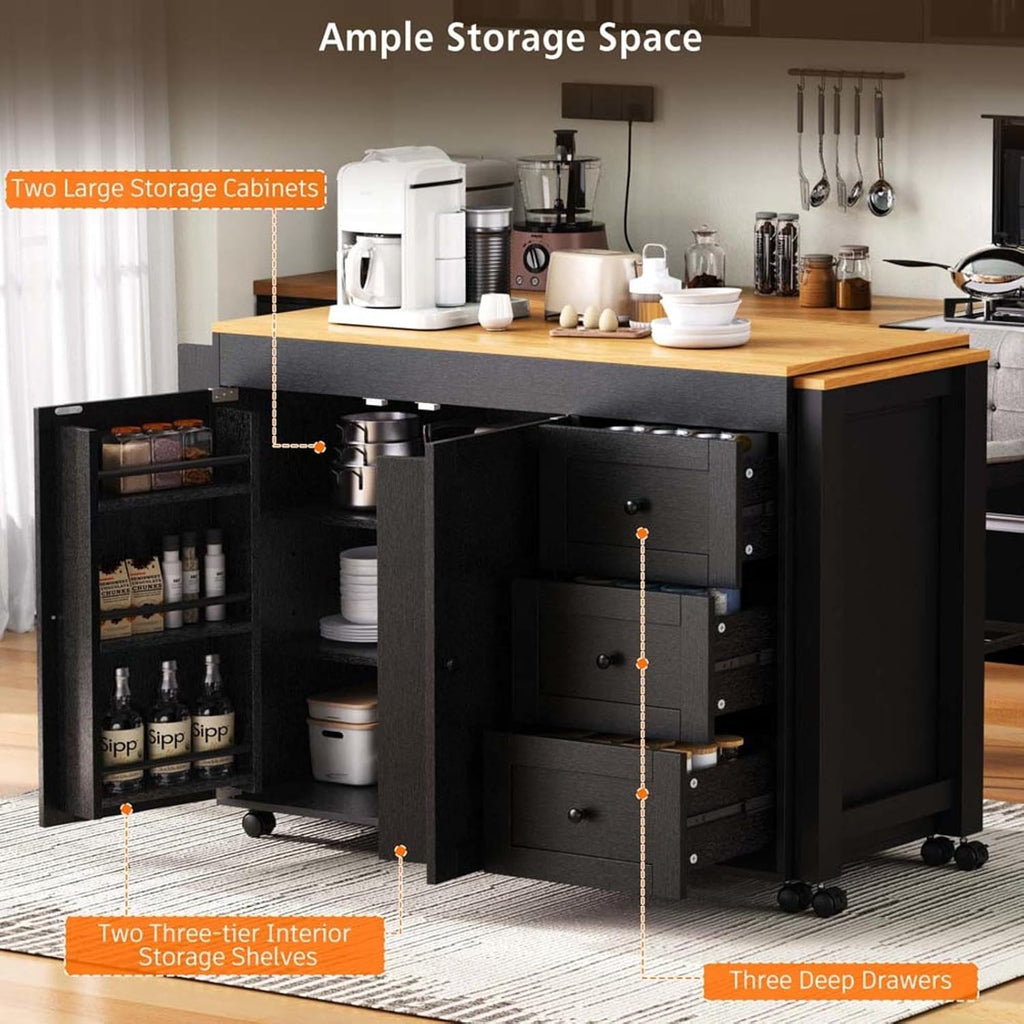 Kitchen Island Table with Seating with Extendable Dining Table, Side Spice Rack & Cabinet Storage Power Outlet， for Kitchen, Dining Room