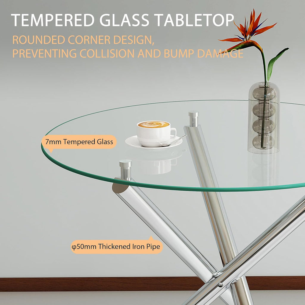 3-Piece Round Glass Dining Table Set for 2, 36" Small Kitchen Table with 2 Velvet Tufted Chairs Modern Silver Glass Dining Room Table Set for Home Kitchen Living Room