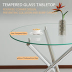 Modern Dining Room Table for 4 People, 36" Round Dining Table with Silver Chrome Metal X-Base, Circle Tempered Glass Dining Room Tables, Small Dining Table Kitchen Tables Dinner Tables
