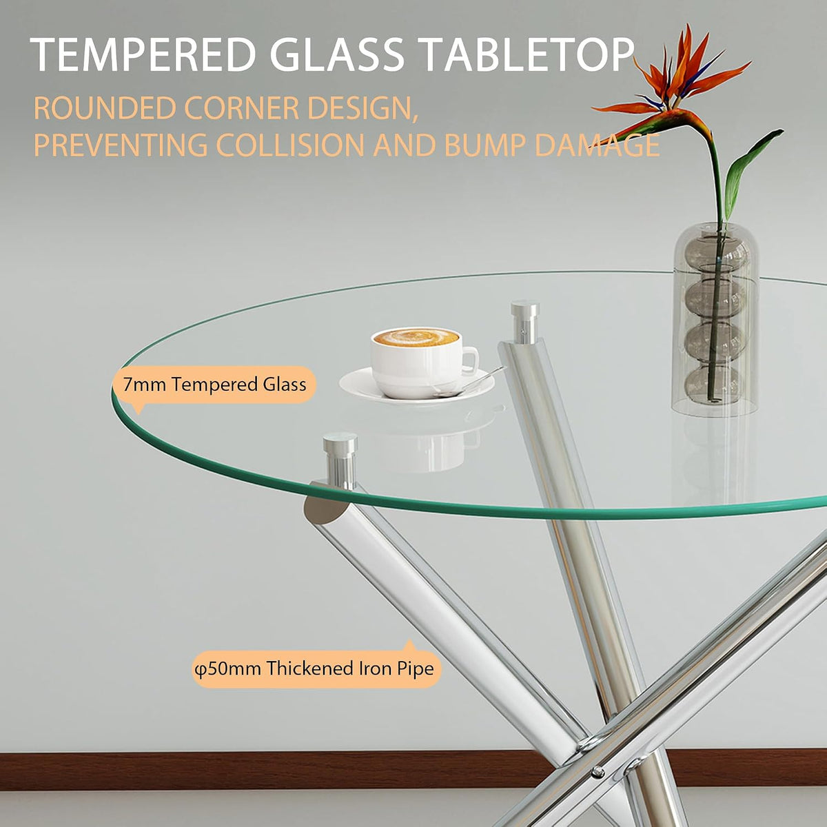 Modern Dining Room Table for 4 People, 36" Round Dining Table with Silver Chrome Metal X-Base, Circle Tempered Glass Dining Room Tables, Small Dining Table Kitchen Tables Dinner Tables