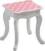 Teamson Kids Princess Gisele Polka Dot Print 2-Piece Kids Wooden Play Vanity Set with Vanity Table, Tri-Fold Mirror, Storage Drawer, and Matching Stool, White with White/Pink Polka Dot Accent