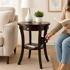 Casafoyer Wood Sasha Accent Table, 20" Round Top, 27" High, Solid Wood with Drawer & Shelf, Elegant Curved Design in Cappuccino Finish, Versatile for Living Room, Bedroom, or Entryway