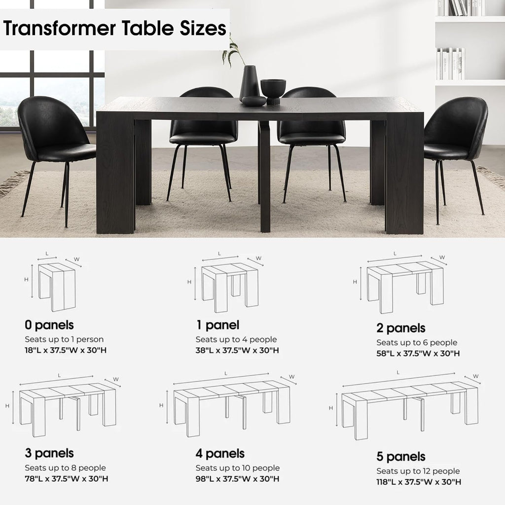 Transformer Table Solid Wood Extendable Dining Table, Black | Seats 2-12, Expandable Dining Room Table, Space-Saving Furniture, Kitchen and Dining Room Furniture, Table Only