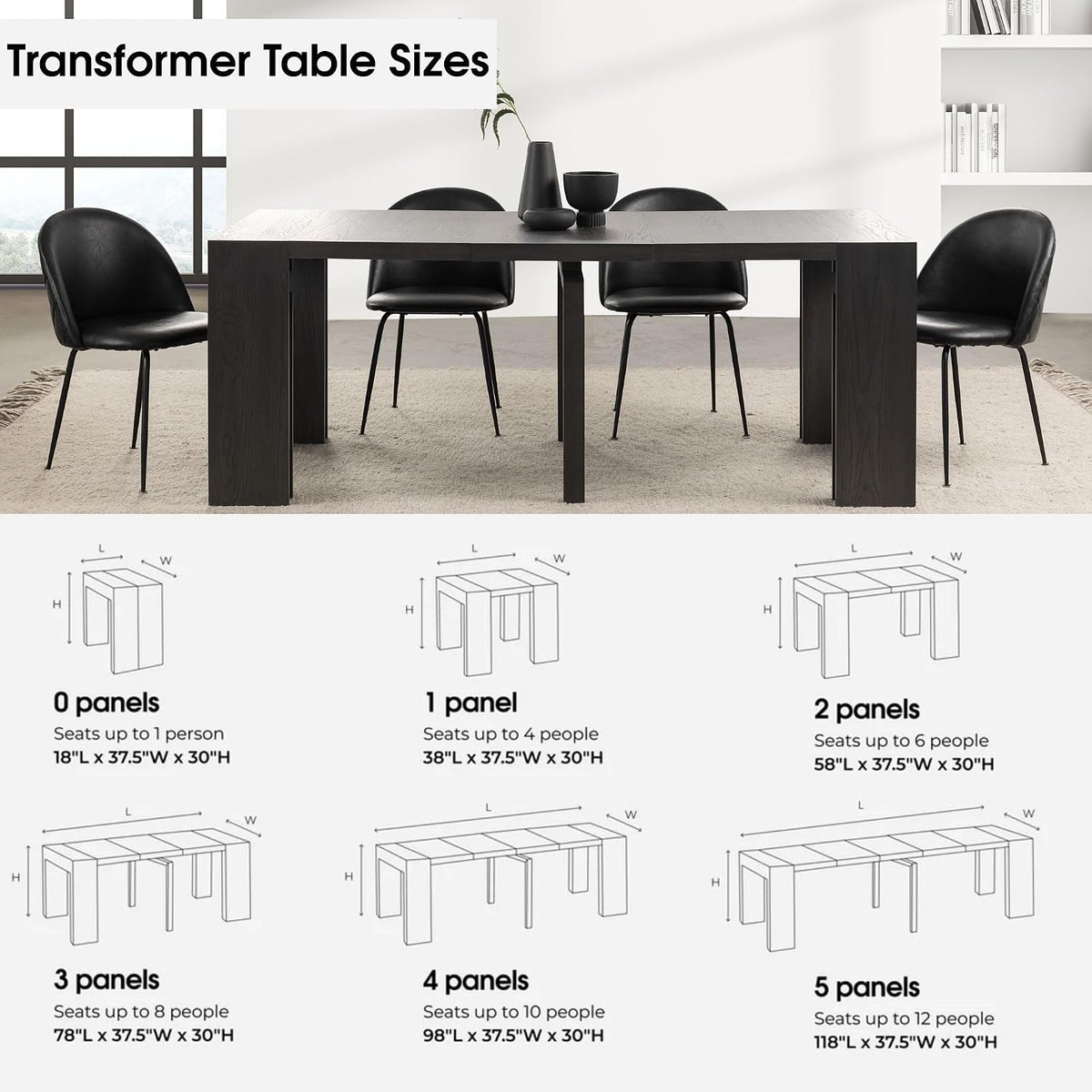 Transformer Table Solid Wood Extendable Dining Table, Black | Seats 2-12, Expandable Dining Room Table, Space-Saving Furniture, Kitchen and Dining Room Furniture, Table Only