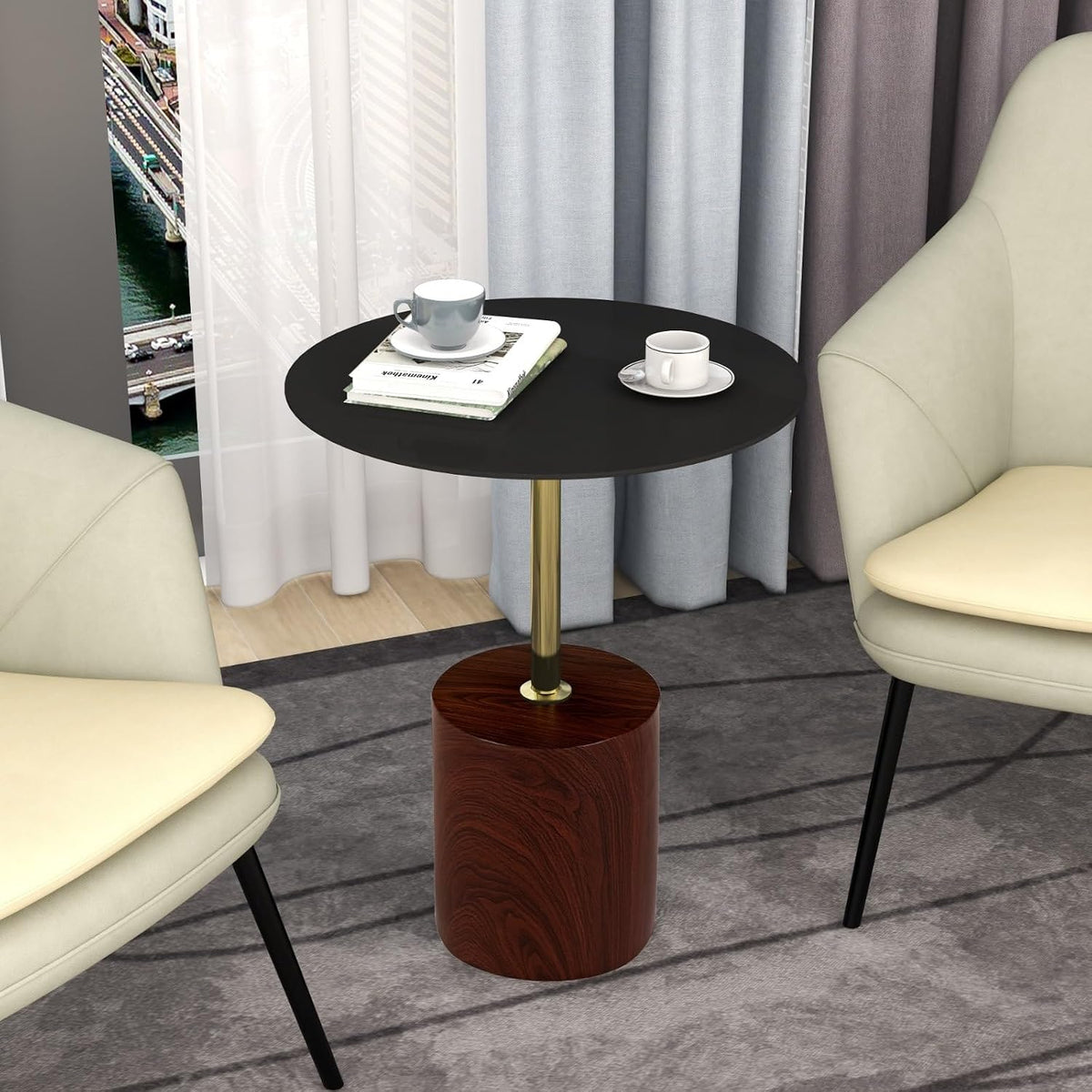 LeisureMod Round Side Table with Modern Stainless Steel Pedestal Base, Chic Accent End Table and Multi-Functional Indoor Nightstand for Living Room, Bedroom, Sofa or Small Spaces, Brown