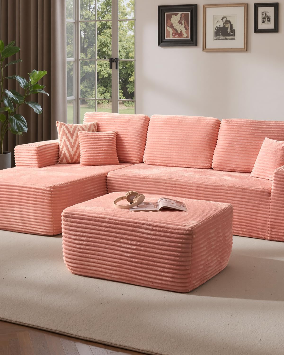 37" Plush Ottoman, Upholstered Cloud Footrest for Couch in a Box,Oversize Poufs for Living Room & Bedroom Sofa Ottoman,Comfy Seating with Dense Foam, Pink (Plush Corduroy Fabric)