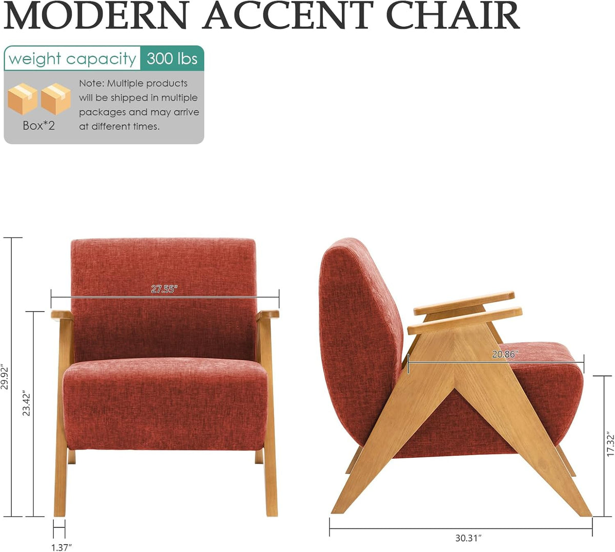 Home Accent Chair Mid Century Modern Accent Chair with Wood Frame, Lounge Upholstered Armchair, Reading Chair, Sturdy Base,For Living Room, Bedroom,Office,Comfy Guest Waiting Room Chairs,Orange