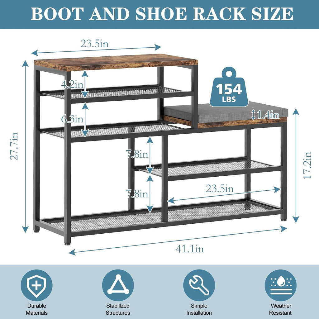 Shoe Rack,Freestanding Hidden Shoe Storage Organizer for Entryway, Shoe Bench Shelves for High Boot with Seat Cushion,Wood Shoe Rack Cabinet for Front Door Entrance Closet, Hallway, 5 Tier,Brown