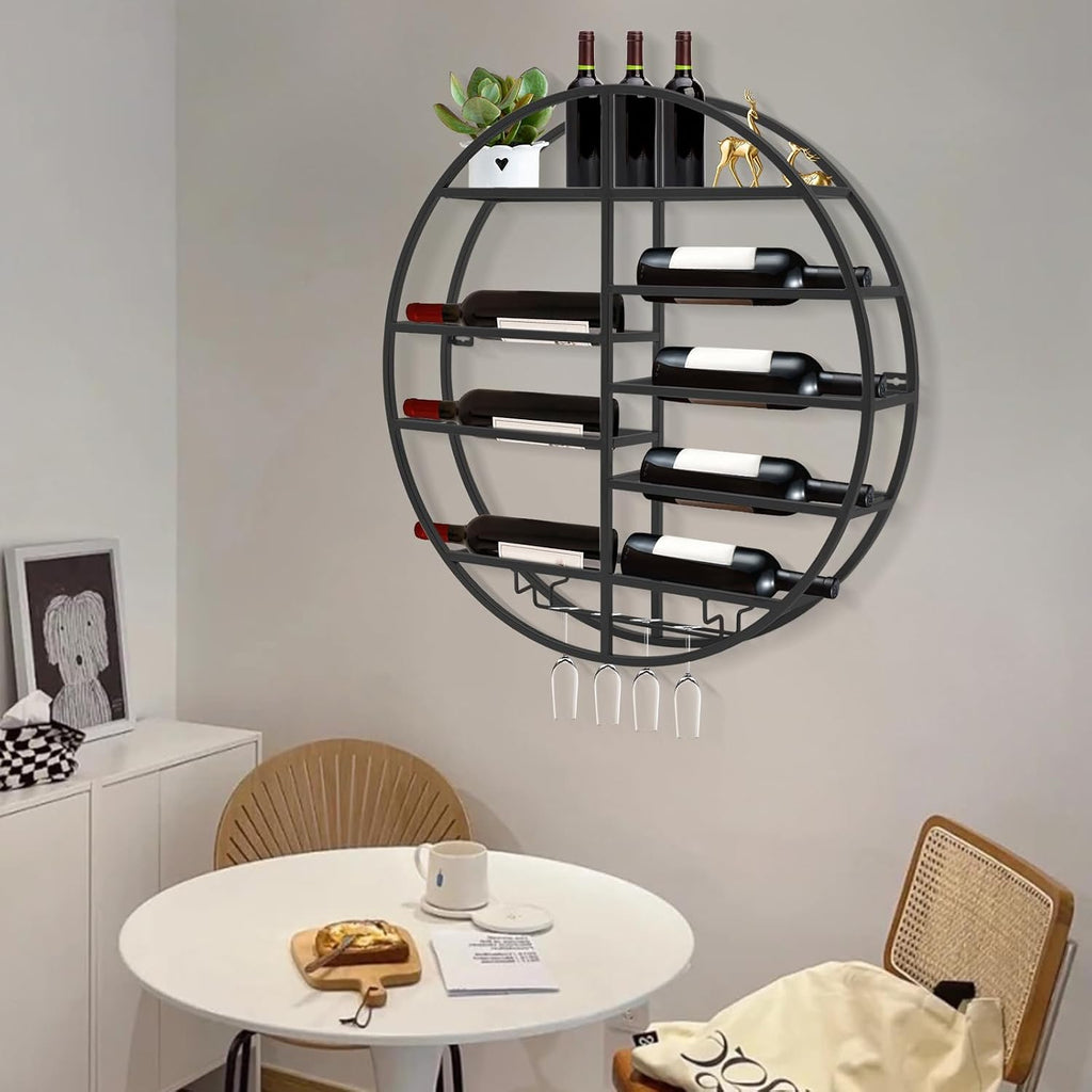Round Wall Mounted Wine Rack with Wine Glass Shelf Goblet Holder- 23.6 Inch Floating Display Shelves Storage Organizer for 7 Bottles & 4 Glasses, for Home Bar, Kitchen, Dining Room