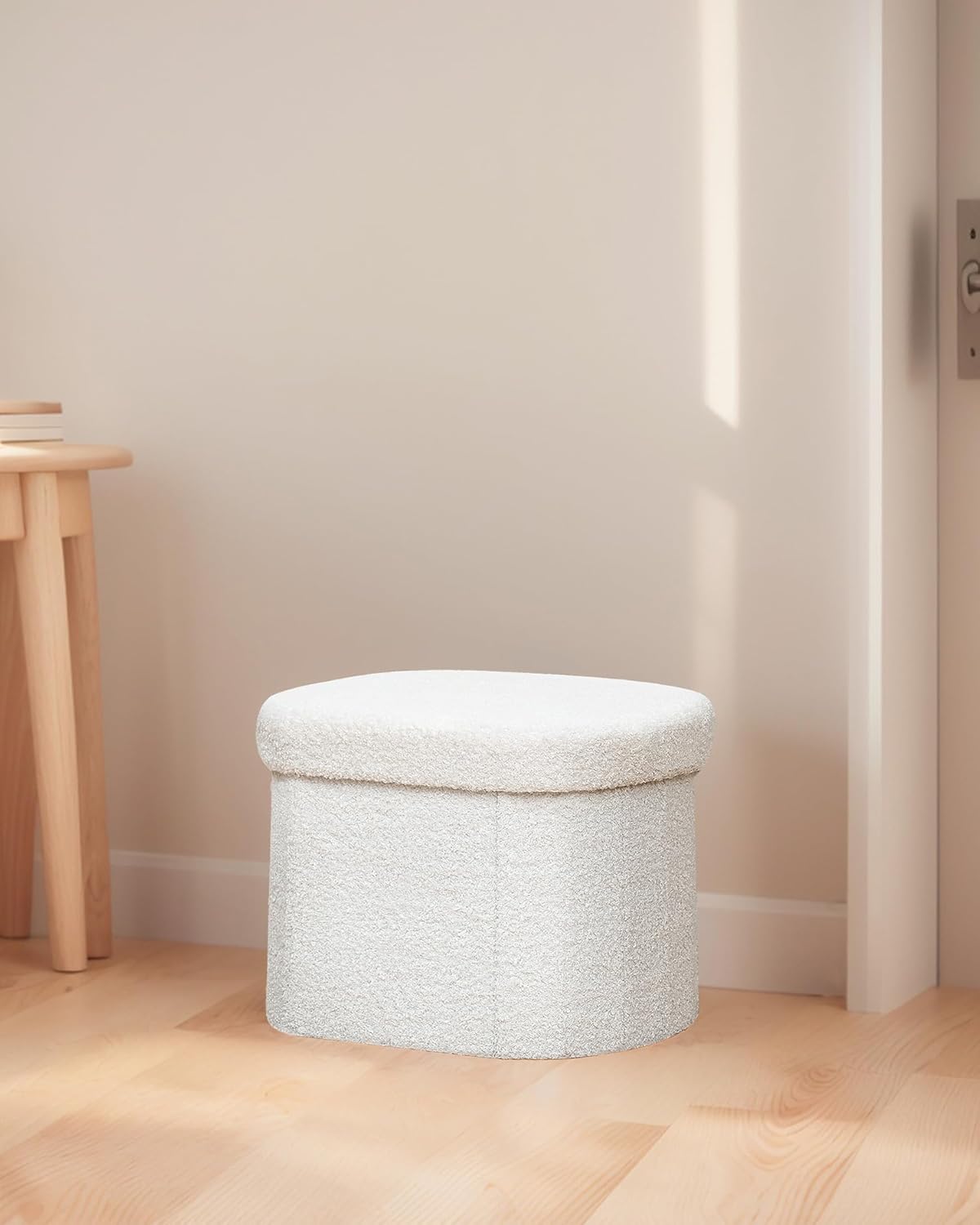 B FSOBEIIALEO Storage Ottoman for Dorm Room, Boucle Folding Storage Ottoman Foot Rest, 16.14 Inches Small Collapsible Ottoman Cube for Living Room White Cream