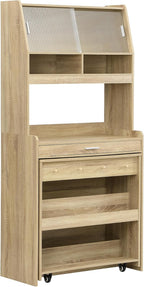JIJIWANG Compact 33.5x15.7x69inch Buffet with Hutch and Foldable Dining Table, Multifunctional Cupboard with Storage Shelf and Side Hooks for Small Places (Natural Oak, 66.1" L x 31.5" W x 69" H)