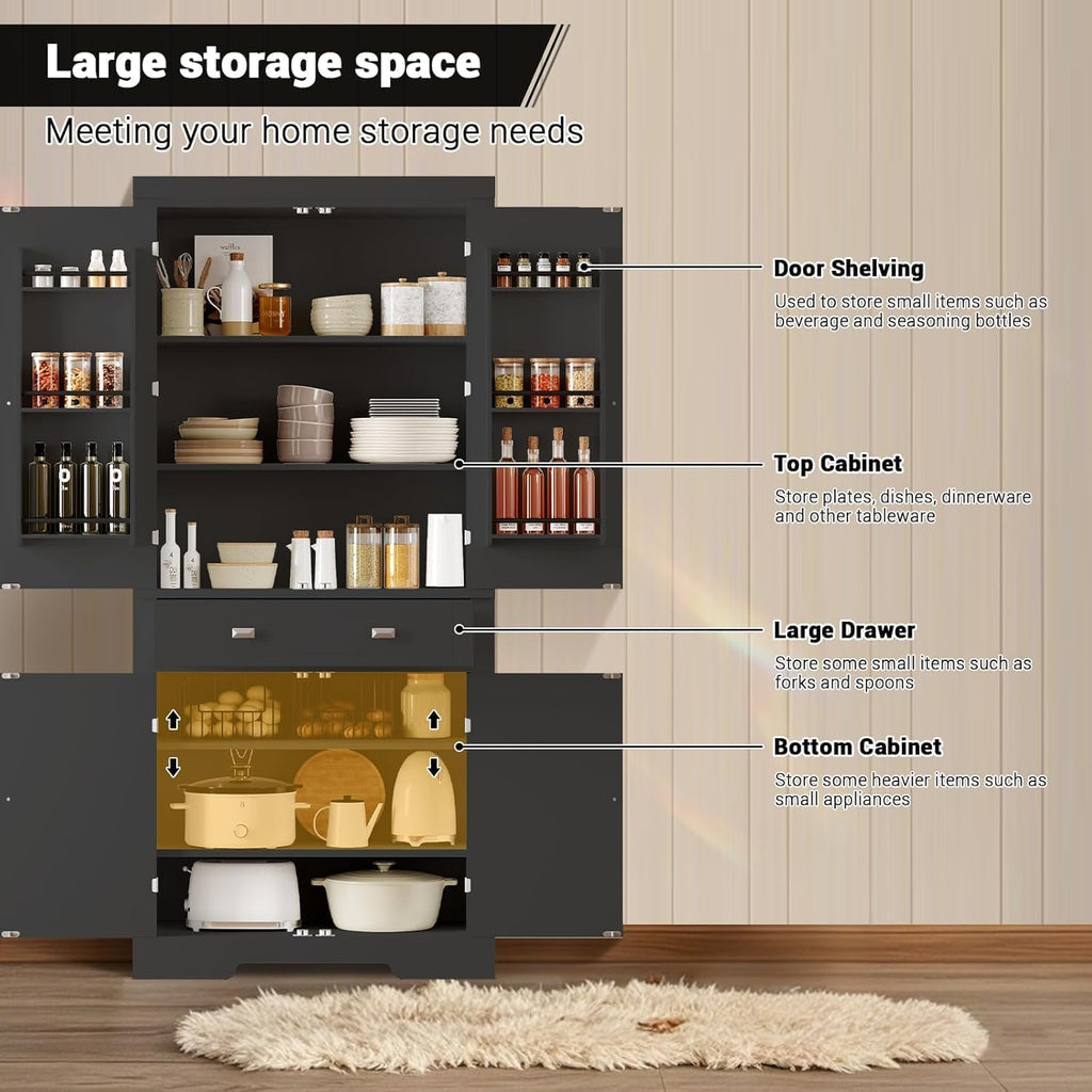 71.7 Inch Kitchen Pantry Cabinet,Freestanding High Cupboard Bathroom Storage Cabinet with 2 Drawer & Cabinets, 3 Adjustable Shelves, 6 Door Shelves,for Living Room, Kitchen Black