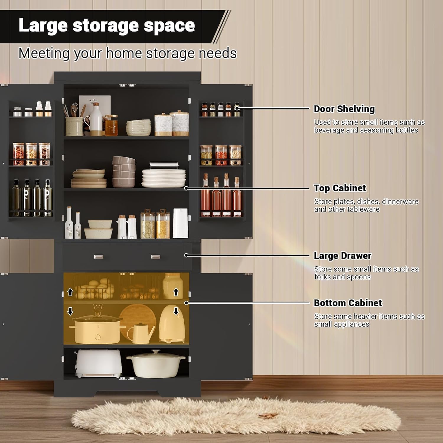 71.7 Inch Kitchen Pantry Cabinet,Freestanding High Cupboard Bathroom Storage Cabinet with 2 Drawer & Cabinets, 3 Adjustable Shelves, 6 Door Shelves,for Living Room, Kitchen Black