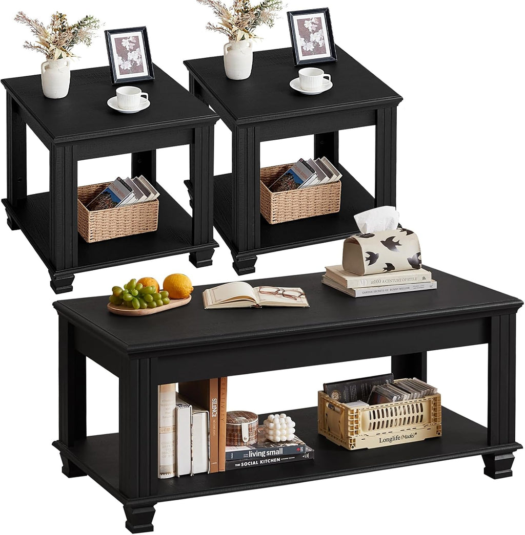 SAVOR LIFE Farmhouse Coffee Table Set of 3, Black | Rustic Wood 3 Piece Coffee and End Table Sets with Open Shelf for Living Room