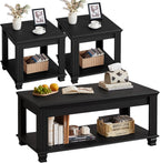 SAVOR LIFE Farmhouse Coffee Table Set of 3, Black | Rustic Wood 3 Piece Coffee and End Table Sets with Open Shelf for Living Room