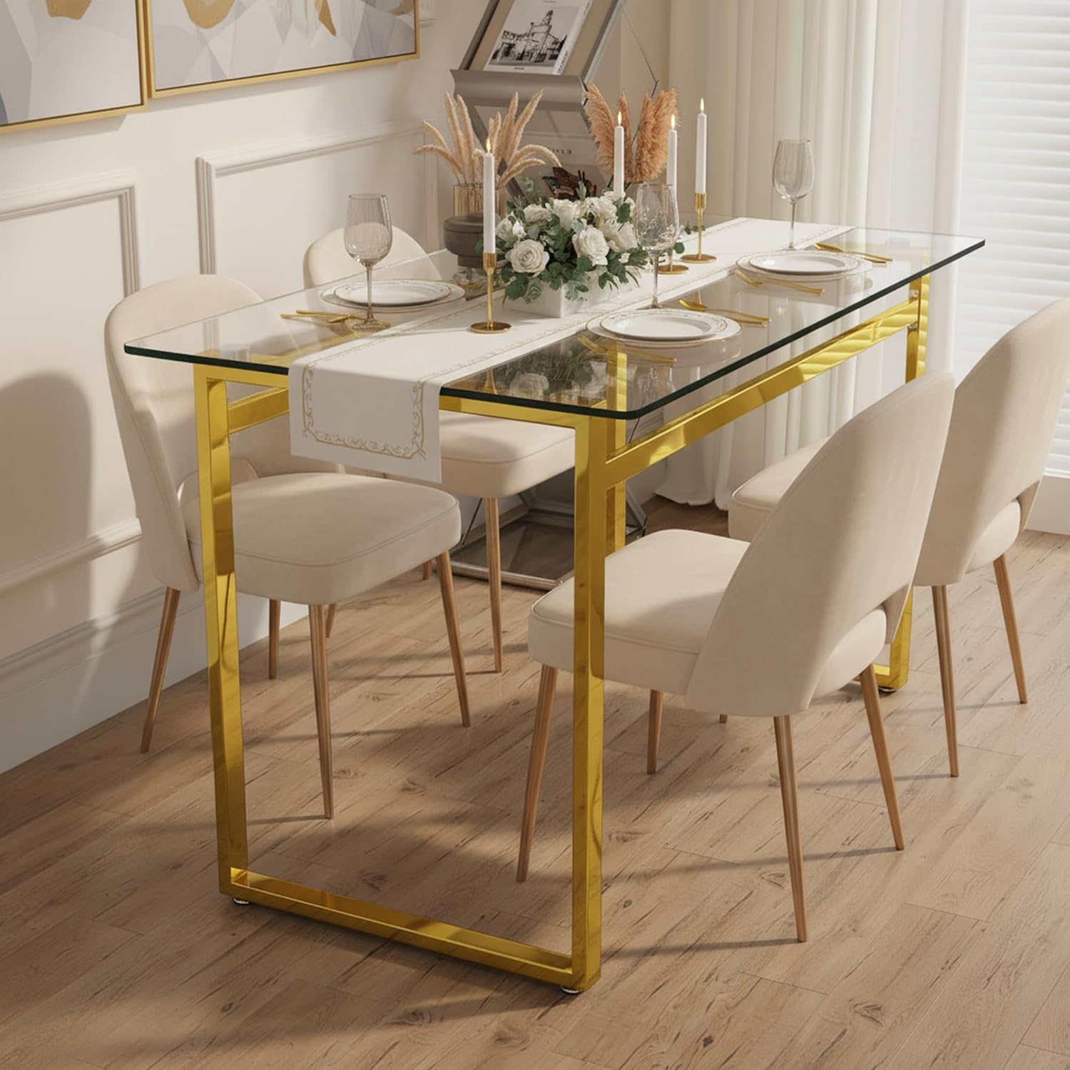51''Glass Dining Table, Modern Rectangle Kitchen Table with Tempered Glass Tabletop and Metal Leg for 4, Writing Table Desk, for Kitchen Dining Living Room (Golden)