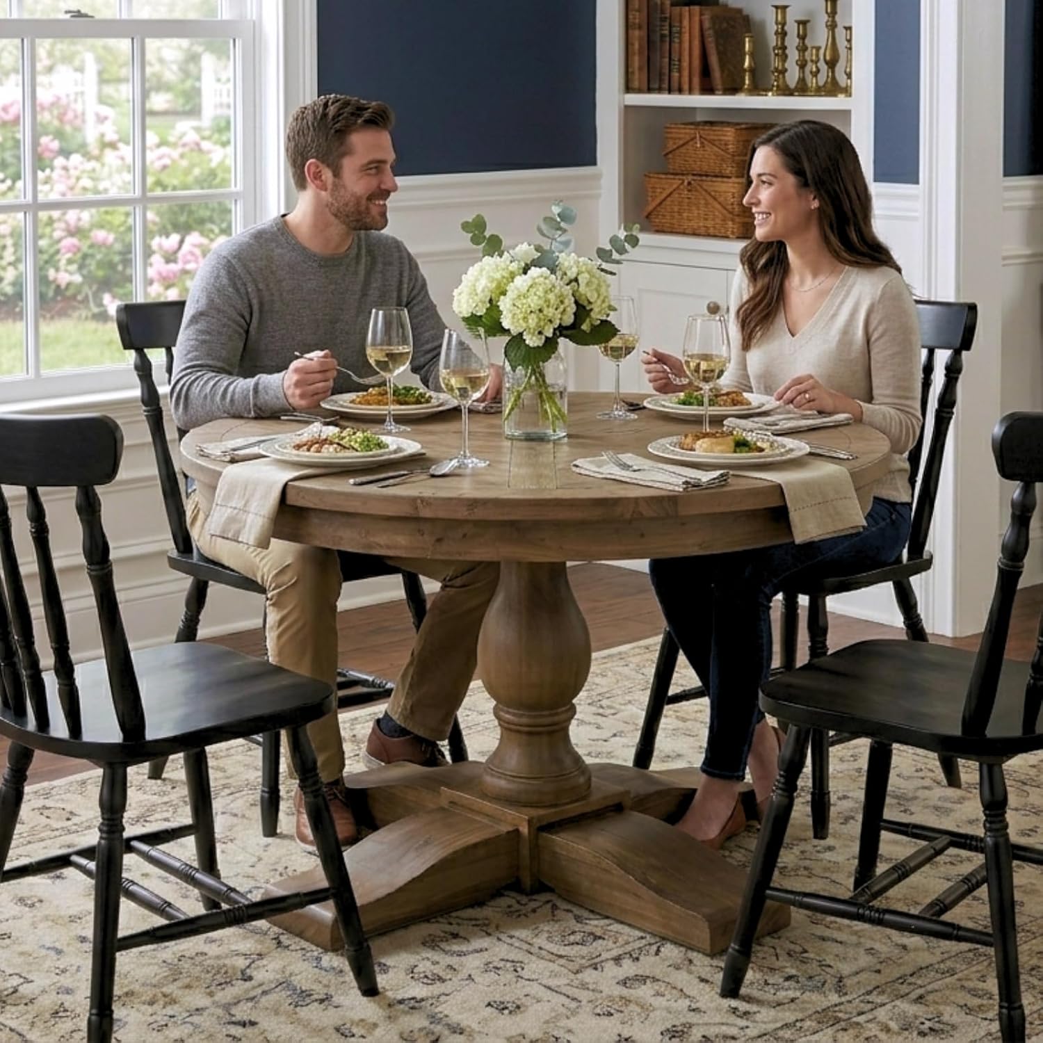 47" Round Dining Table with Wooden Pedestal Base, Antique Pine Wood Dinner Table for 4, Heavy Duty Pedestal Table for Kitchen/Dining Room/Living Room/Restaurant, Walnut