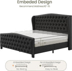 LARMACE King Size Bed Frame Velvet Upholstered Platform Bed with Wingback Headboard & Footbaord, Deep Button Tufted Bed Frame with Wood Slats Support, No Box Spring Needed, Black