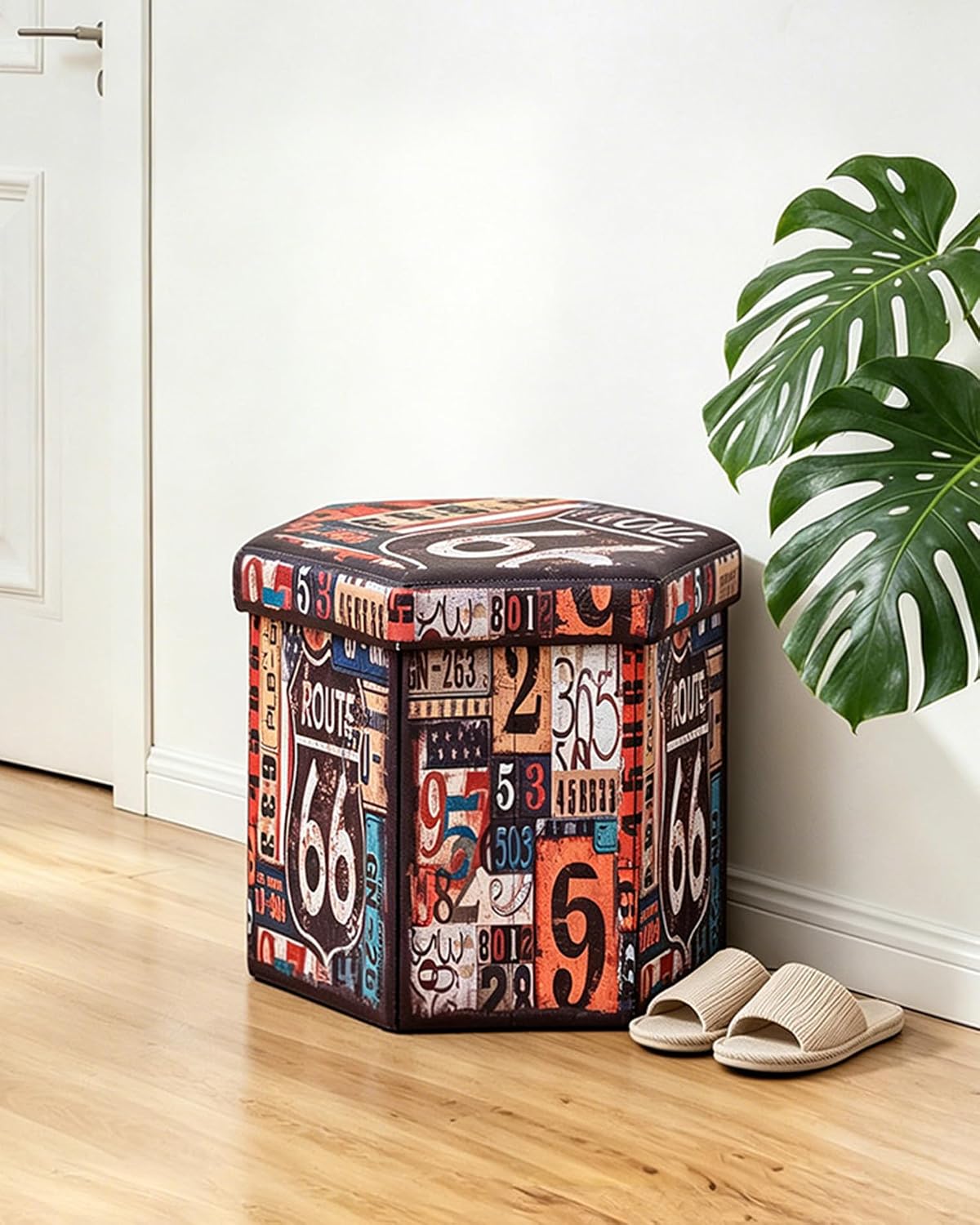 B FSOBEIIALEO Route 66 Storage Ottoman Hexagonal, Faux Leather Foot Rest Seat for Living Room, Storage Organizer 16.93"x15"x15"
