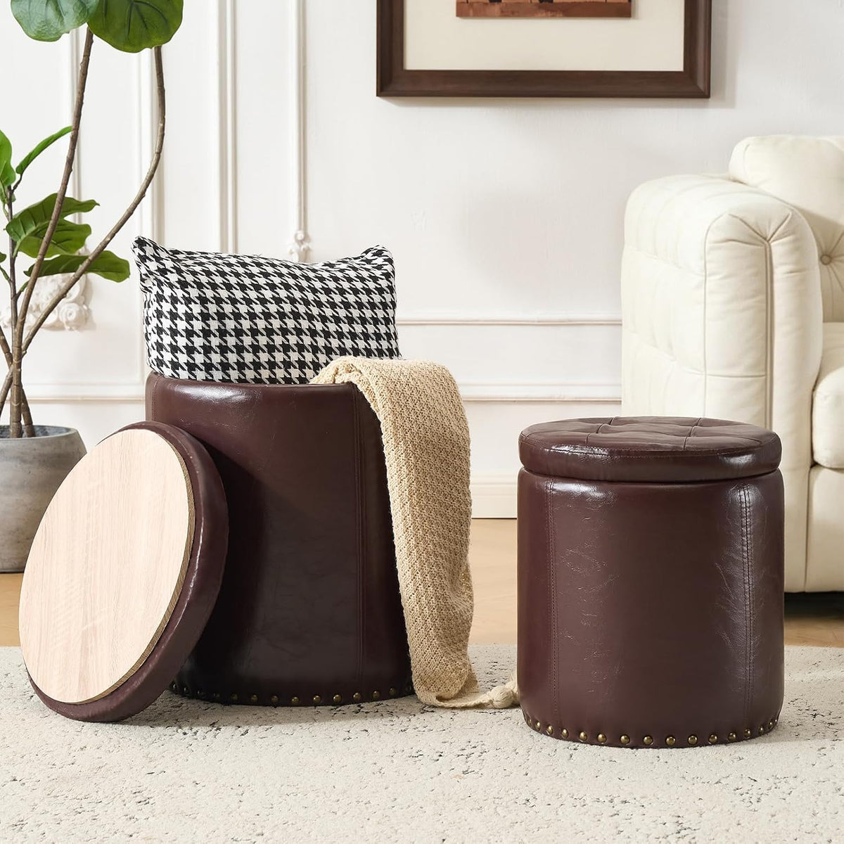 Royal Windsor Round Ottoman with Storage Set of 2, Faux Leather Button Tufted Vanity Stool, Storage Ottoman Coffee Table, Small Leather Foot Rest Stool for Living Room, Bedroom, Coffee