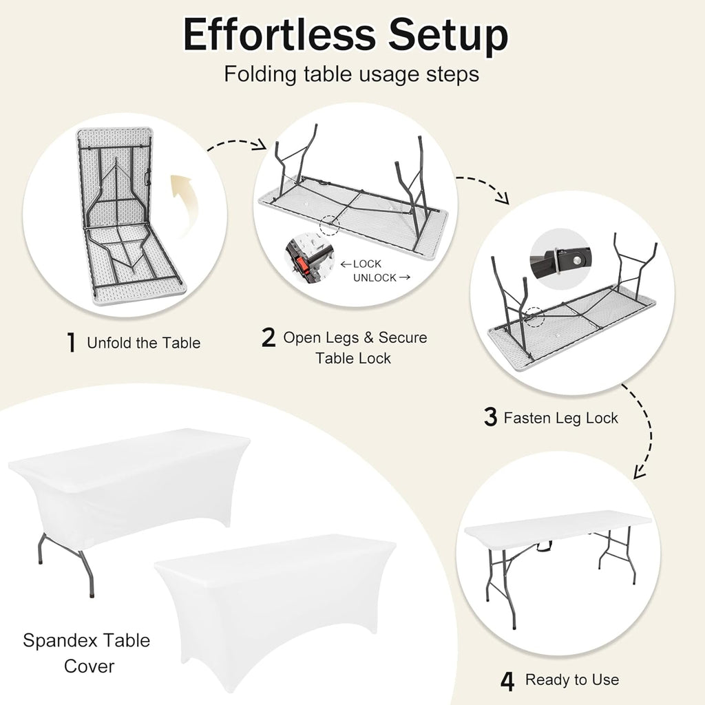 1 Set 6 FT Rectangle Folding Table with Carrying Handle, Lightweight Fold-in-Half Utility Table, with Matching White Stretch Spandex Covers, Ideal for Weddings, Parties, Camping, Banquets.