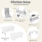 1 Set 6 FT Rectangle Folding Table with Carrying Handle, Lightweight Fold-in-Half Utility Table, with Matching White Stretch Spandex Covers, Ideal for Weddings, Parties, Camping, Banquets.