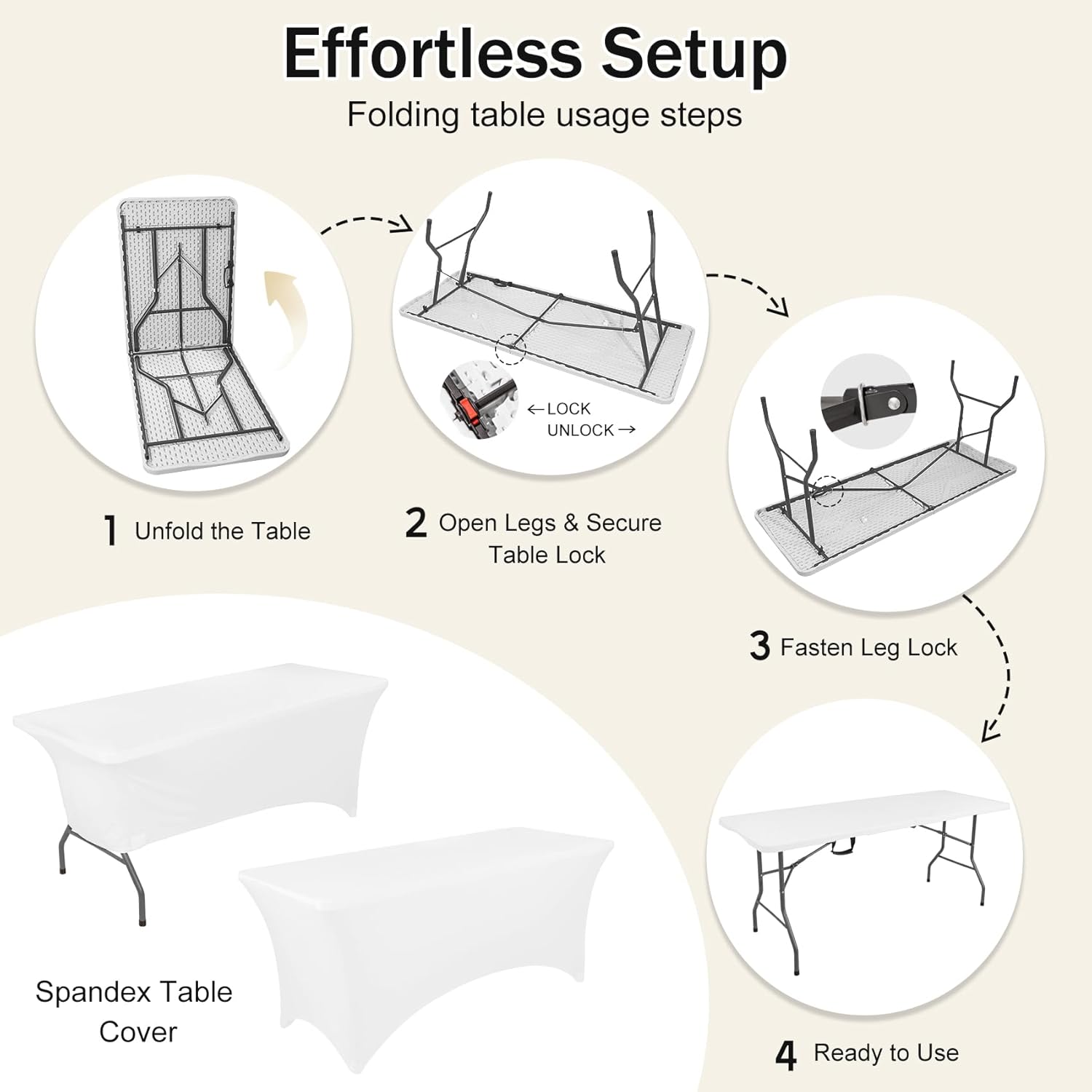 1 Set 6 FT Rectangle Folding Table with Carrying Handle, Lightweight Fold-in-Half Utility Table, with Matching White Stretch Spandex Covers, Ideal for Weddings, Parties, Camping, Banquets.