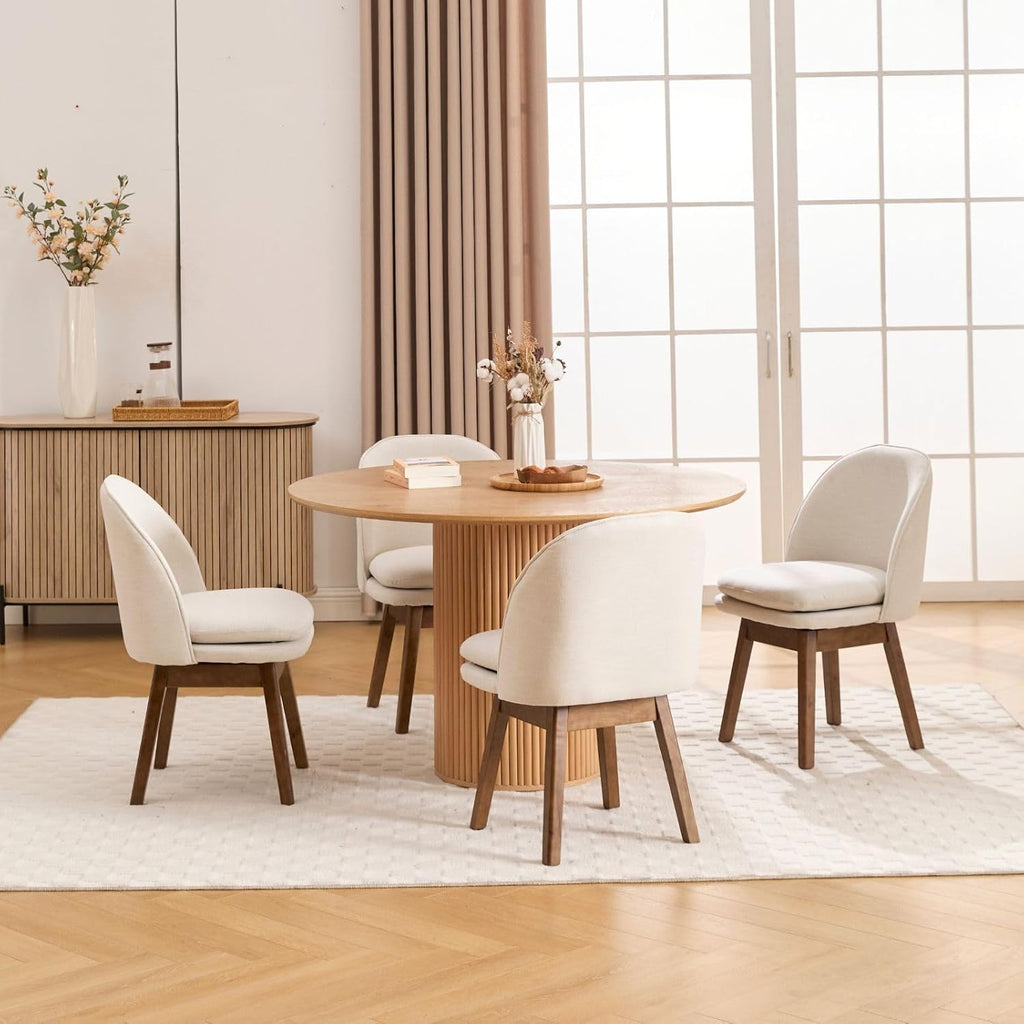 ROCITY Swivel Dining Chairs Set of 4, Beige Linen Kitchen Chairs with Solid Wood Legs, Mid Century Modern Upholstered Dining Room Chair Armless Accent Chair for Kitchen/Restaurant
