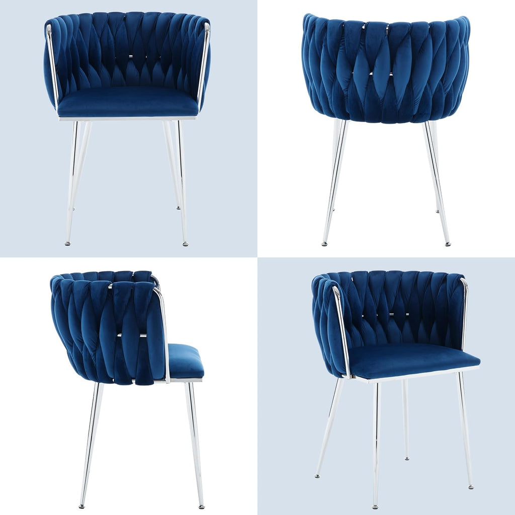 Velvet Dining Chairs Velvet Woven Upholstered Dining Room Chair Modern Armrest Lounge Chair with Metal Legs for Dining Kitchen Vanity Chair for Makeup Room (Navy+Sliver Leg, Set of 2)