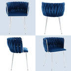 Velvet Dining Chairs Velvet Woven Upholstered Dining Room Chair Modern Armrest Lounge Chair with Metal Legs for Dining Kitchen Vanity Chair for Makeup Room (Navy+Sliver Leg, Set of 2)