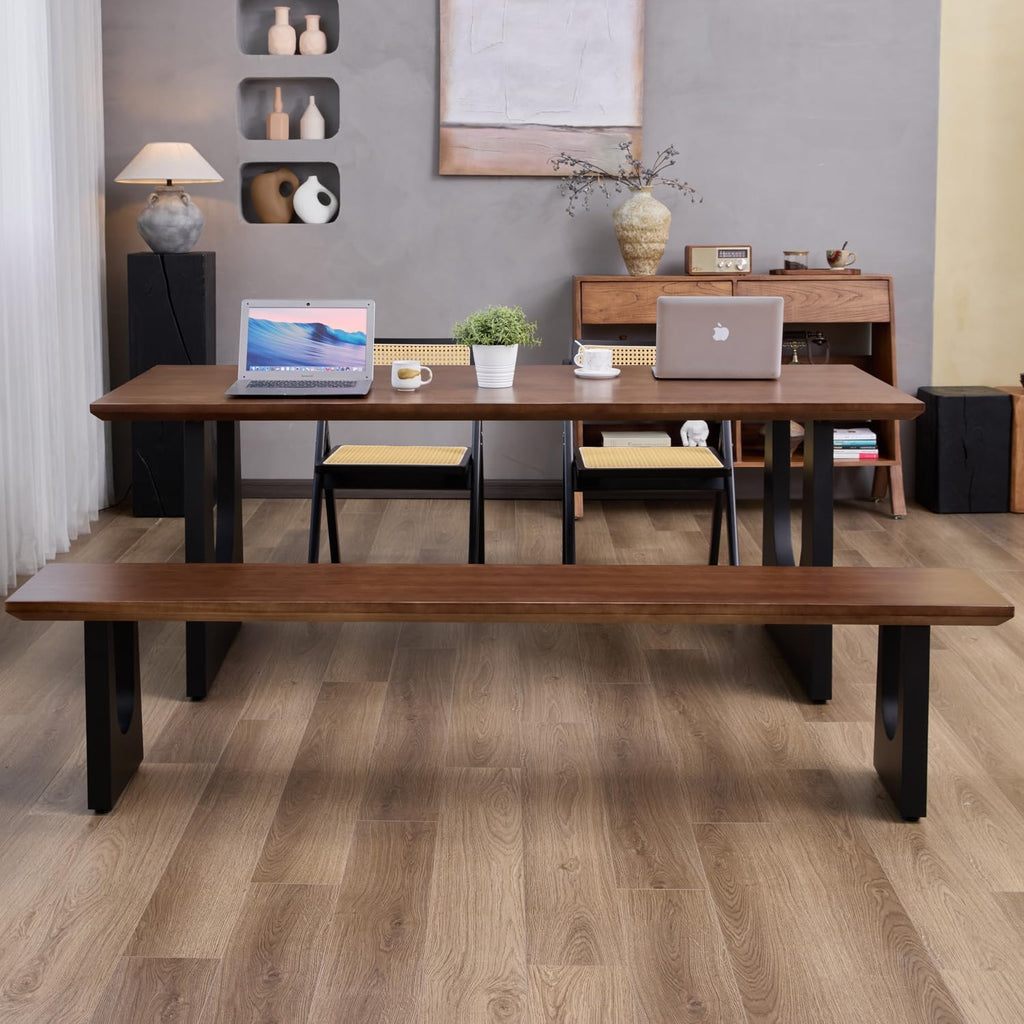 Walnut Color Long Bench Solid Wood Top Metal Legs U-Shaped Design Durable Sturdy Dining Bench Ideal for Office Home Restaurant Patio Multiple (Bench, 78.74in)