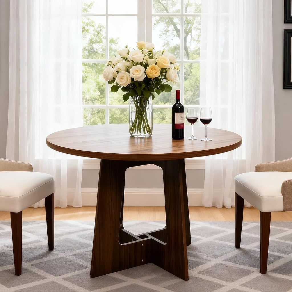 Round Dining Table for 4, 43.3" Kitchen Table for Dining Room, Circle Farmhouse Kitchen Table, Wood Dinner Table for Kitchen, Living Room, Apartment, Walnut Brown