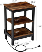 VECELO End Table with Charging Station and USB Ports, Small Wood Nightstand Modern Style, 24" Tall Living Room Side Table with 3-Tier Storage Shelves for Small Spaces, Office, Bedroom, Retro Brown