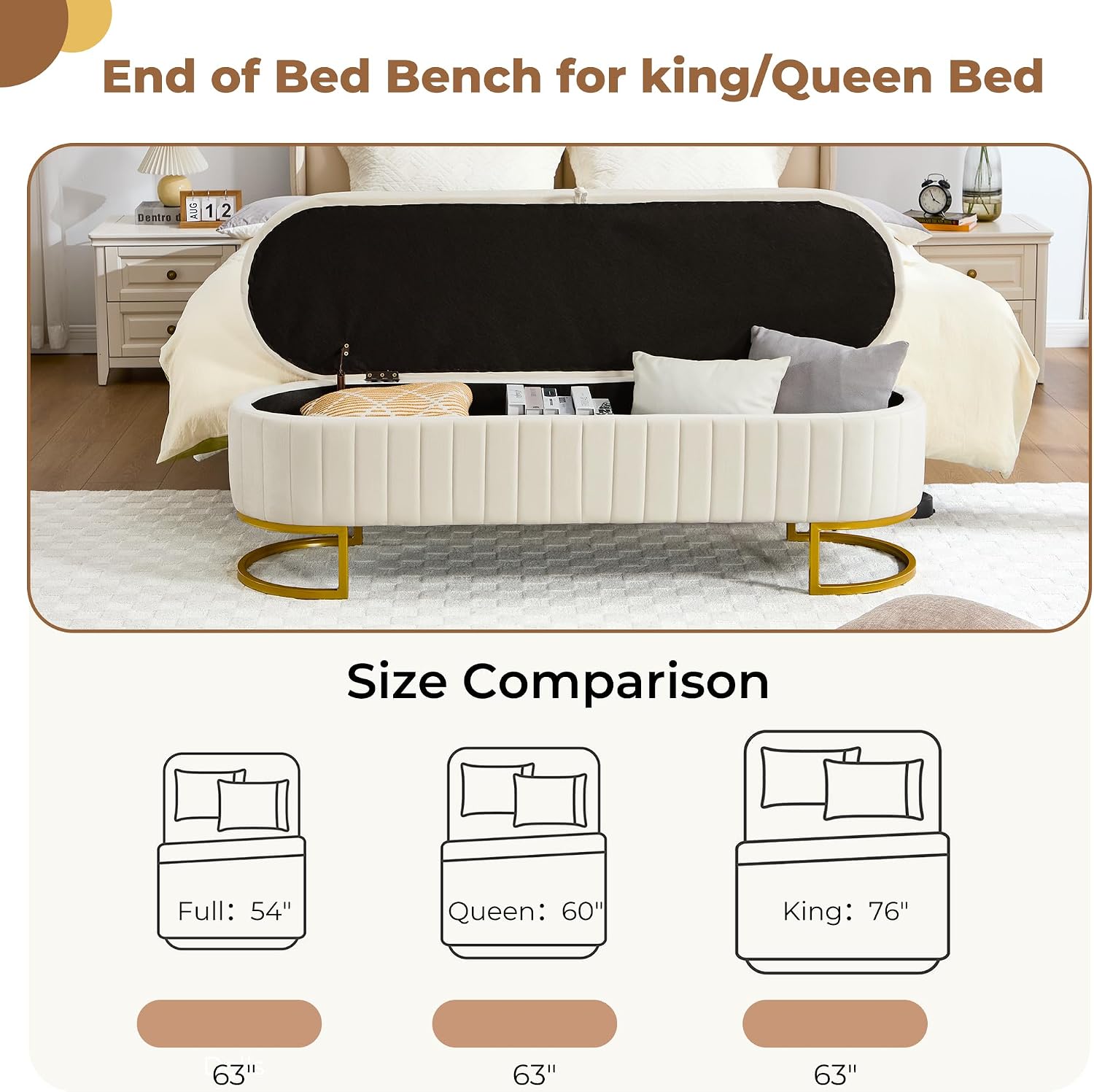 Storage Ottoman Bench, 63" Velvet End of Bed Bench Bedroom Bench King Size with Golden Metal Legs, Upholstered Storage Bench for Bedroom Living Room Entryway and Window, Beige