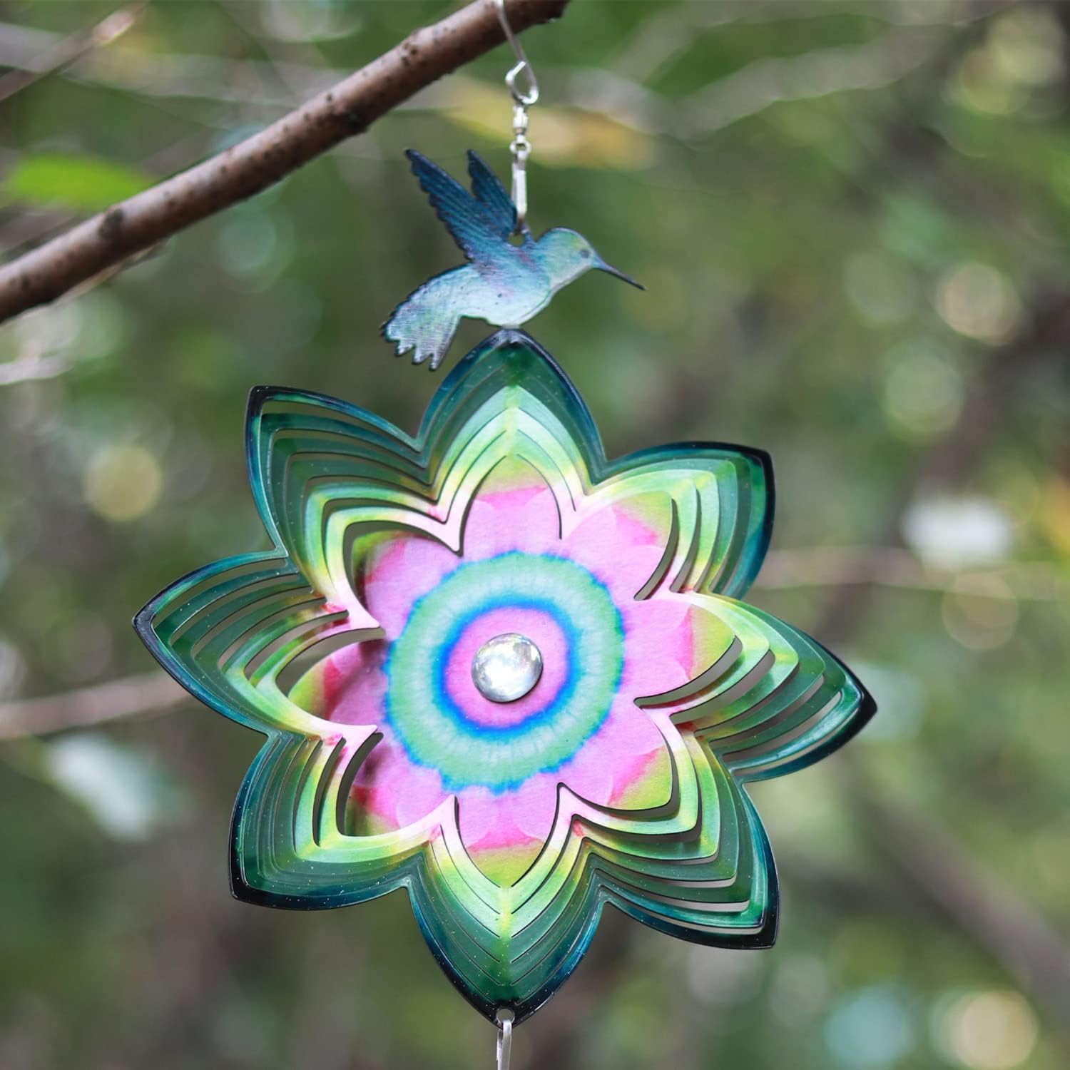SPRING SONG Hummingbird on Mandala Flower Wind Spinner for Yard and Garden Stainless Steel Spinner Indoor and Outdoor Hanging Decor Crafts Ornament Gifts Kinetic Art Yard Garden Hanging Wind Spinner