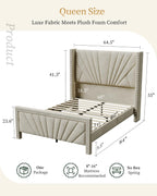 Queen Bed Frame 55" Velvet Upholstered Platform Bed, Art Deco, Cream White