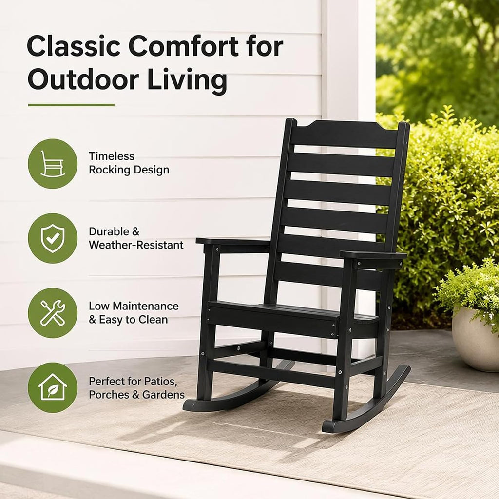 Rocking Chair Set of 2,All Weather Courtyard for Outside Balcony Gardens，High Back Outdoor Rocking Chair with 400lbs，Black