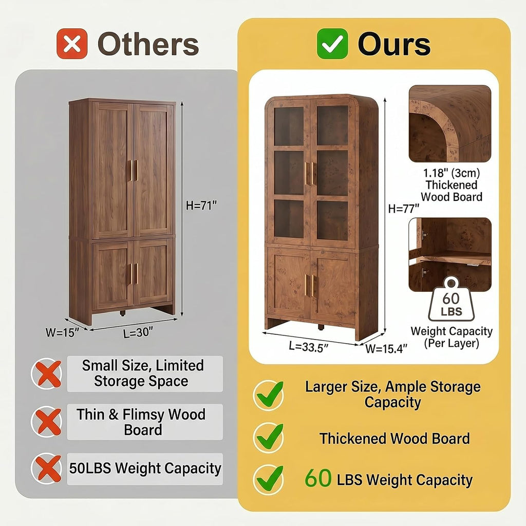 77" Tall Kitchen Pantry Cabinet,Thickened Panel,Dark Burl,1Pcs | Wooden Curved Storage Cabinets with Adjustable Shelf, Cupboard with Glass Door for Dining Room, Living Room, Bathroom