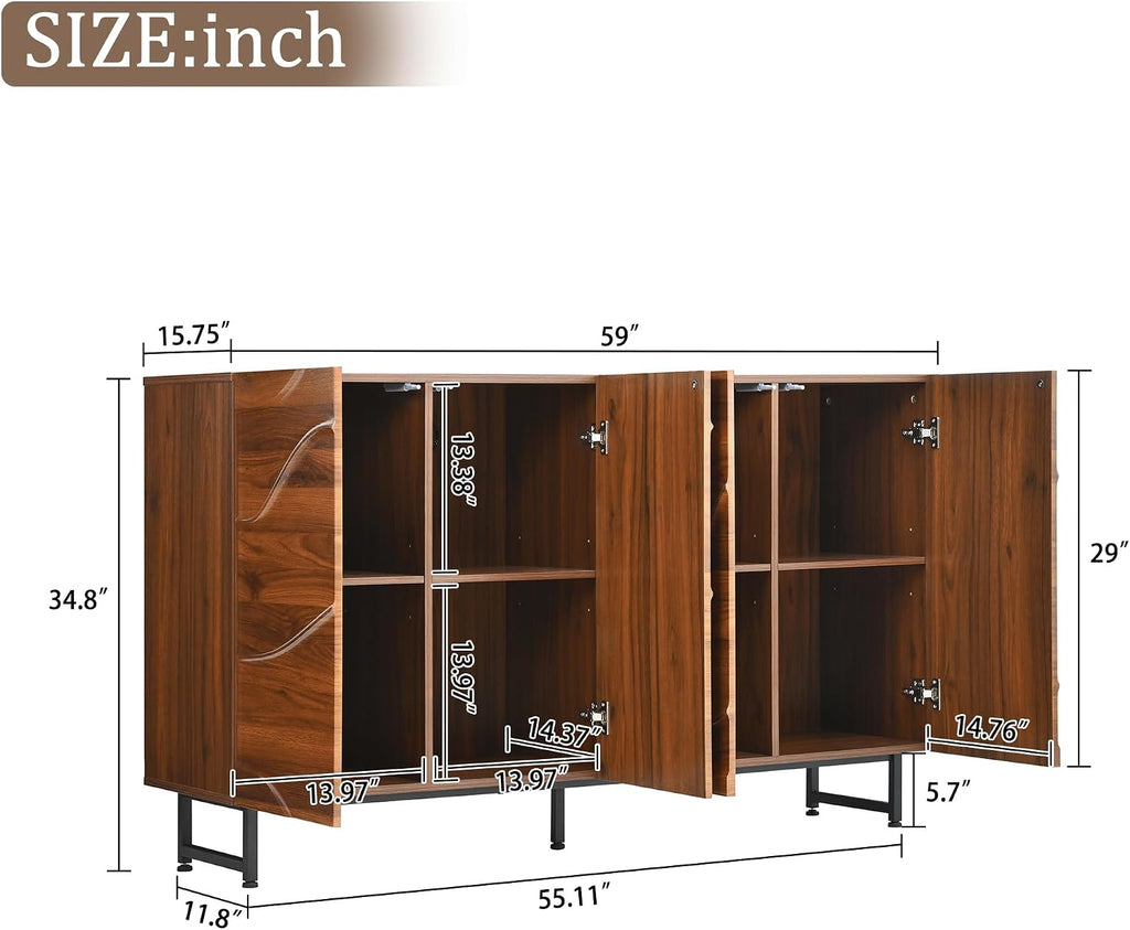Modern Sideboard with Wave Relief Design, 59 Inch Solid Wood Storage Cabinet & Buffet with Iron Legs for Dining Room, Industrial TV Stand for Living Room, Walnut Finish (Wood + 1)