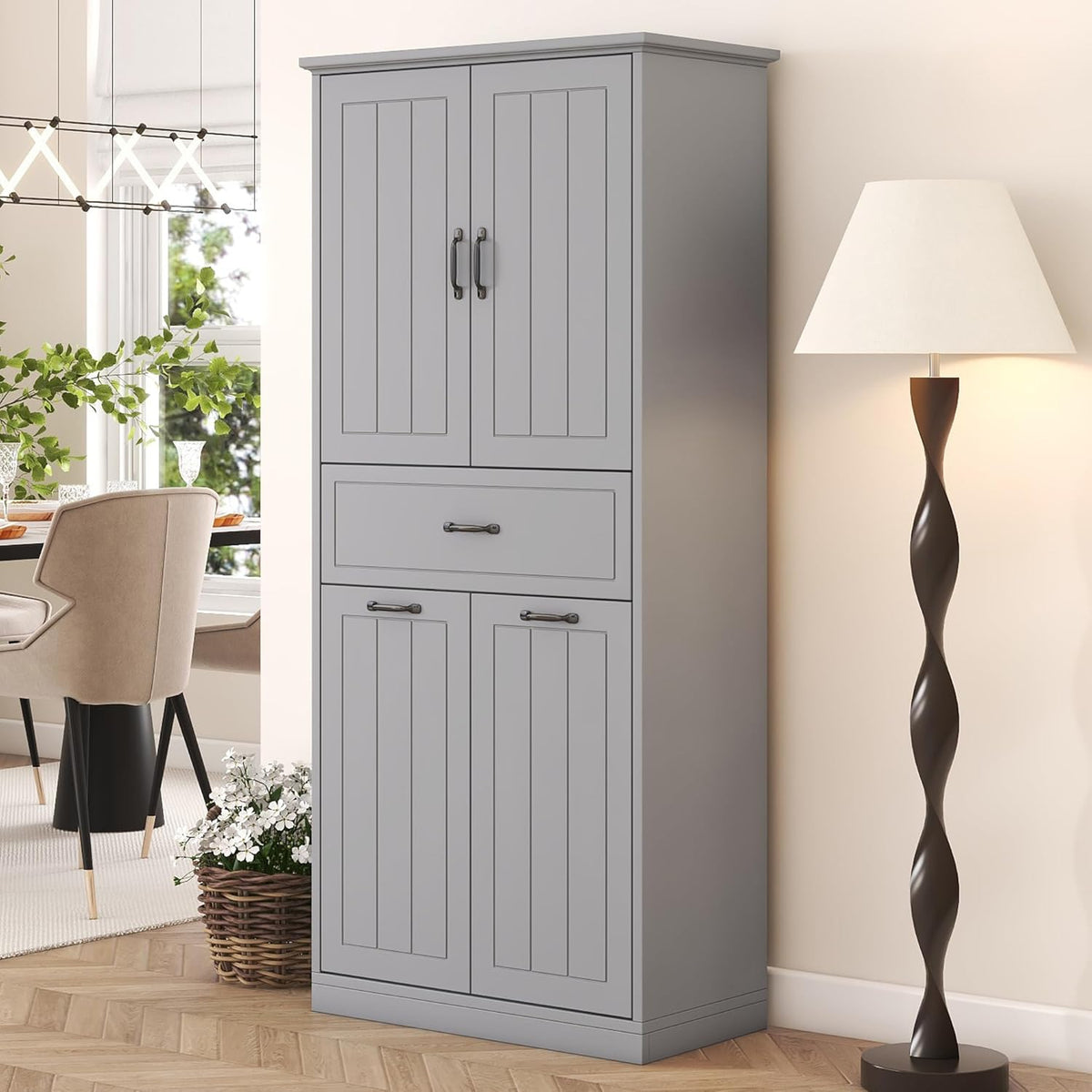 Merax 65.8" Pantry Cabinet with Two Doors & One Drawer & Two Laundry Hampers, Adjustable Shelves Storage Cupboard for Kitchen/Dining Room/Bathroom, Gray