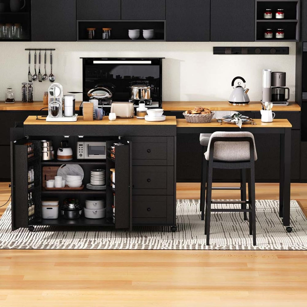 Kitchen Island Table with Seating with Extendable Dining Table, Side Spice Rack & Cabinet Storage Power Outlet， for Kitchen, Dining Room