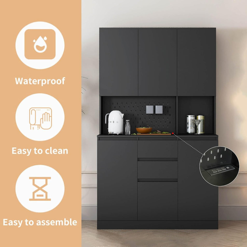 74"Kitchen Pantry Cabinet with Charging Station,Freestanding Buffet Cupboards Sideboard with Drawer,Modern Pantry Cabinet with Microwave Stand for Kitchen,Living Room,Dinning Room,White (Black)