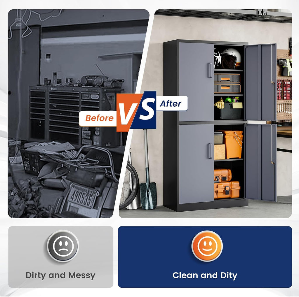 Yizosh Metal Storage Locking Cabinet with 4 Doors and 2 Adjustable Shelves,71" Lockable Garage Tall Steel Cabinet,for Home Office,Living Room,Pantry,Gym,Commercial Storage (Gray Black)