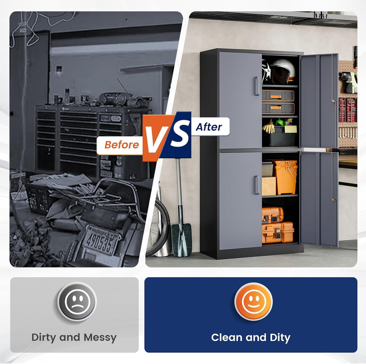 Yizosh Metal Storage Locking Cabinet with 4 Doors and 2 Adjustable Shelves,71" Lockable Garage Tall Steel Cabinet,for Home Office,Living Room,Pantry,Gym,Commercial Storage (Gray Black)